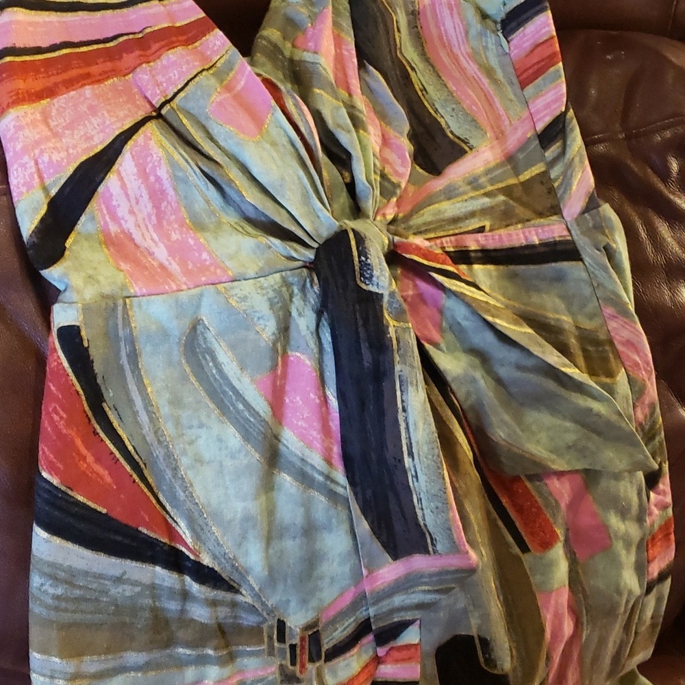NWOT Jason Wu Linen Blend Surplice Faux Wrap Tie Front Midi Dress Tropical 6 - Picture 7 of 8
